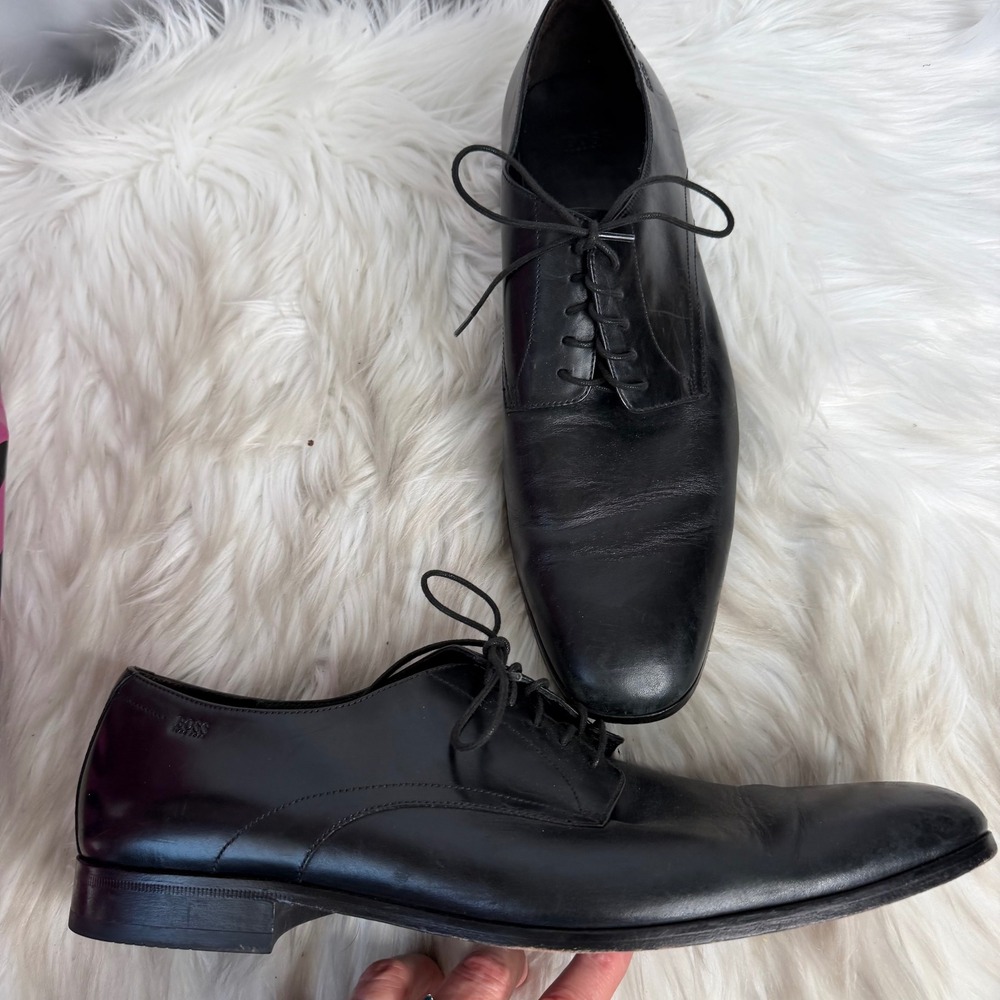 Hugo Boss Mens Black Leather Derby Dress Shoes Size 13 Formal Lace Up